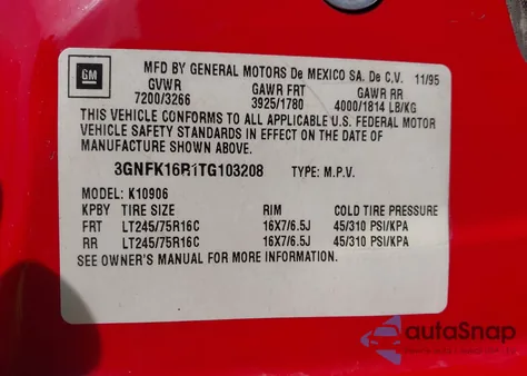 1996 Chevrolet Suburban K1500 from USA, damaged, VIN 3GNFK16R1TG103208